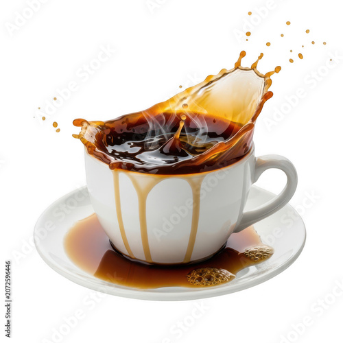 Coffee splashing from a white cup with steam isolated on transparent background
