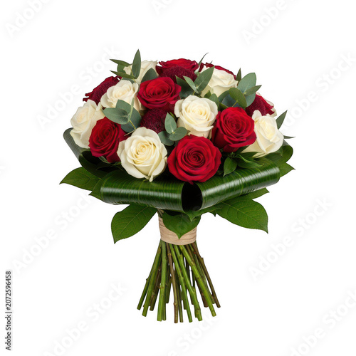 Bouquet of red and white roses wrapped in brown paper isolated on transparent background