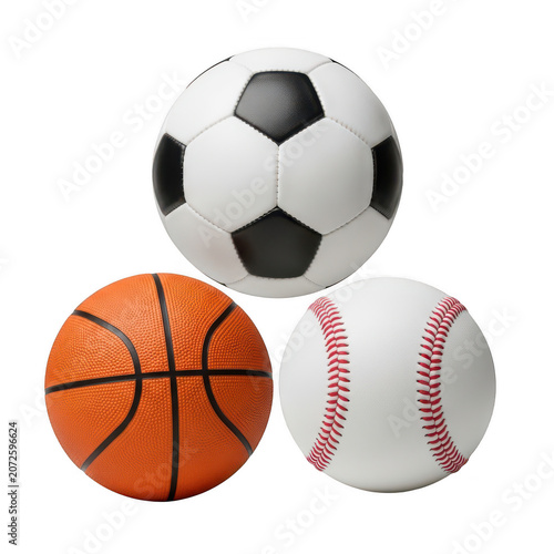 Three sports balls on white background isolated on transparent background