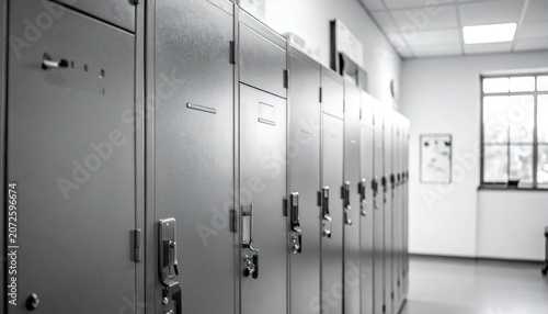 Row of gray metal lockers in locker room.