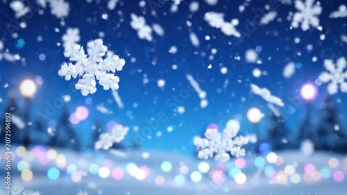 Detailed close-up of intricate white snowflakes falling against a softly blurred winter night landscape with festive bokeh lights