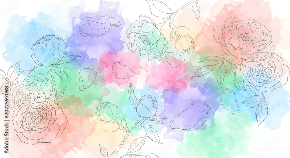 Obraz premium Delicate floral sketch overlaid on a vibrant watercolor wash background, showcasing a blend of soft pastels and line art