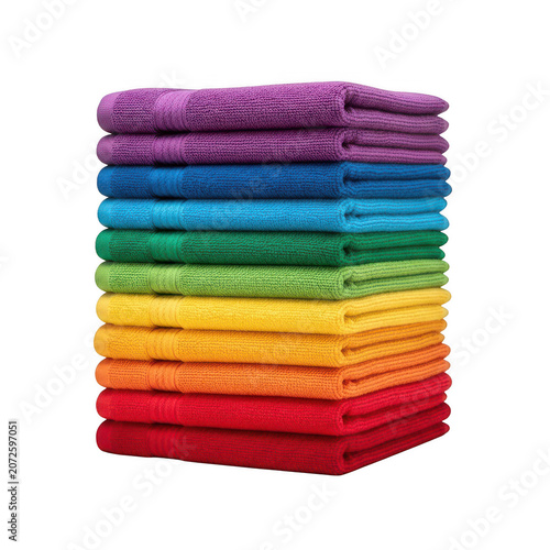 Stacked colorful folded fabric squares isolated on transparent background