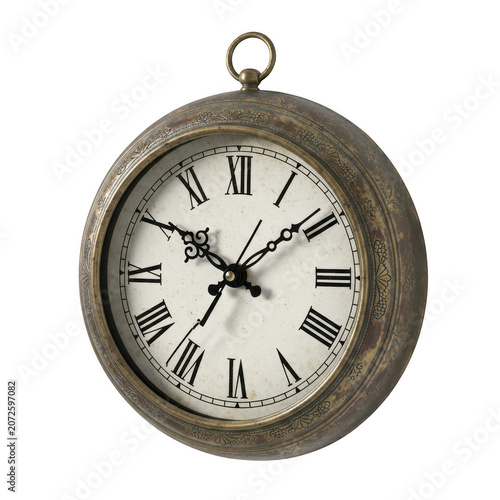 Vintage pocket watch with roman numerals on chain isolated on transparent background