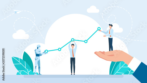 Businesspeople and a futuristic robot working together to support a growing bar chart, representing artificial intelligence cooperation and team financial success. Vector illustration.