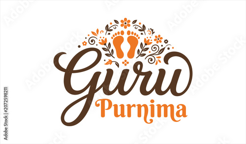 Foto A stylized logo for Guru Purnima featuring brown and orange text with floral des