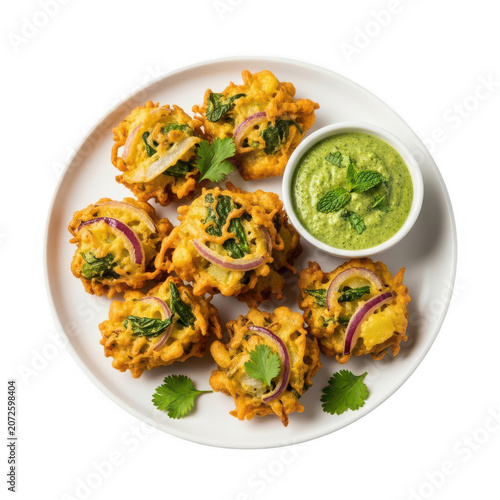 Delicious fried fritters with green chutney on plate isolated on transparent background