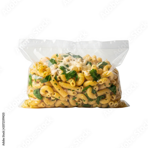 Freshly cooked pasta with cheese and herbs in plastic bag isolated on transparent background