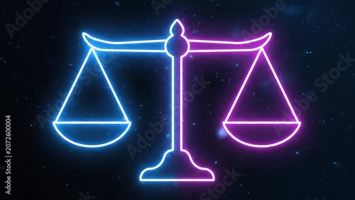 Glowing Neon Scales of Justice Symbol Against a Dark Cosmic Space Background with Vibrant Pink and Blue Lighting Effects
