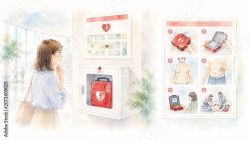 Tapety artystyczne AED（自動体外式除細動器）の設置場所と使用方法を説明する若い女性と医療機器のイラスト