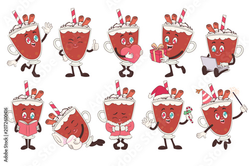 Cute hot cocoa chocolate vector mascot set in flat comic style with laptop, gift, and heart for winter Christmas holiday celebration greeting concept isolated on white.