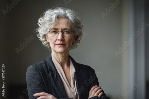 Authoritative head-and-shoulders portrait of a mature woman in tailored blazer