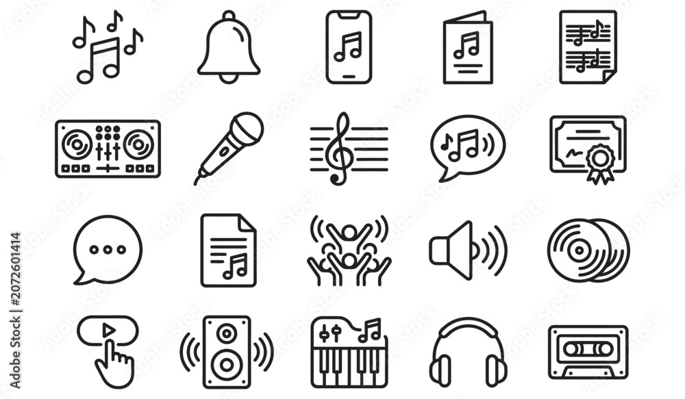 Fototapeta premium Music Line Icons Set for Audio Entertainment Digital Interface Isolated on White