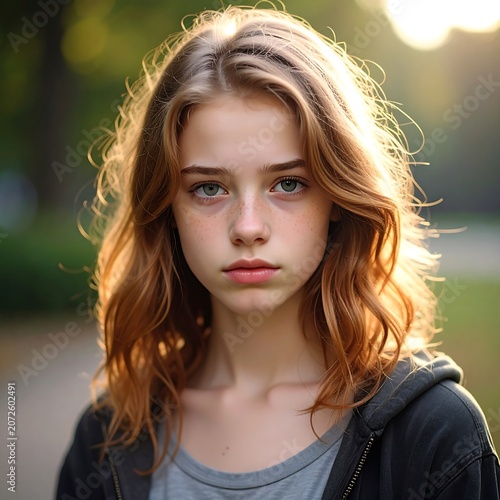 Portrait of a young woman with wavy brown hair bathed in golden hour sunlight.