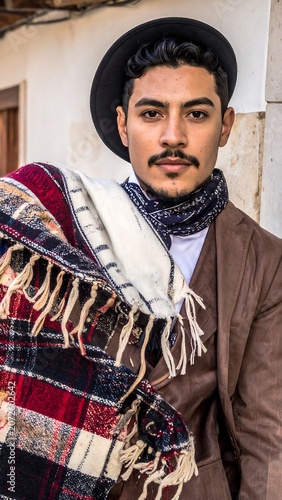 Portrait of young man in traditional attire with patterned scarf and blanket