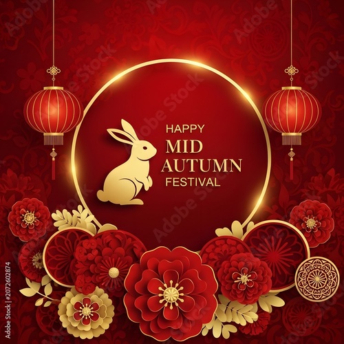Golden circular frame with paper cut rabbit and red lanterns over a floral pattern background for festival Mid-Autumn Festival