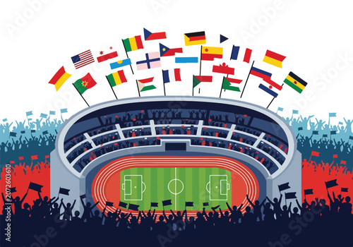 Фотография A lively stadium filled with cheering crowds and international flags