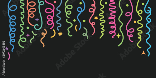 Colorful Party Streamers and Confetti Border Decoration on Dark Background