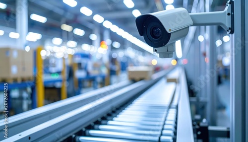 Security camera monitoring factory conveyor belt system.