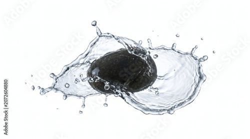 Smooth black organic stone splashing into clear water with droplets on white background