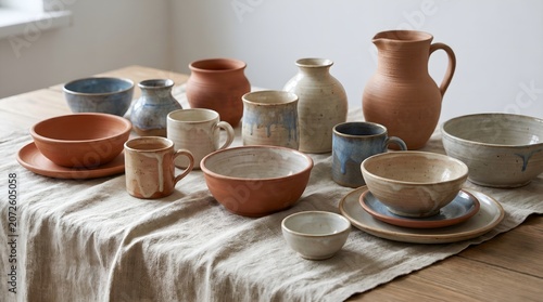 Collection of rustic handcrafted clay pottery and ceramic bowls on linen fabric