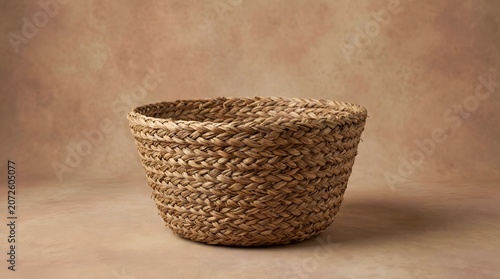 Handwoven Wicker Basket with Rustic Texture on a Neutral Background