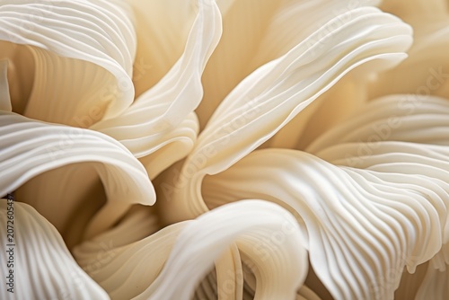 Close-up of creamy folded fabric-like strands with soft ridges and smooth texture in warm light