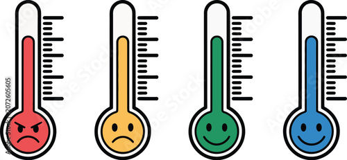 Foto Emotion thermometers, four feeling levels showing mood changes from unhappy to happy for feedback and education