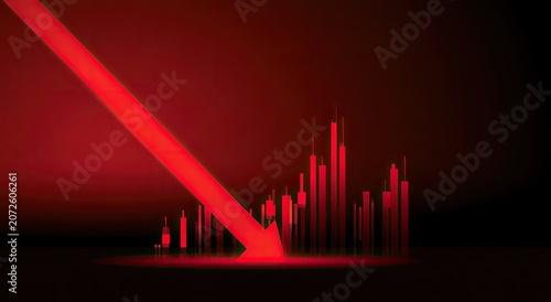 Red arrow descends sharply above falling stock chart bars