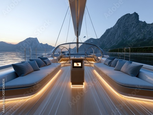 Luxury yacht deck with panoramic mountain views and ambient lighting