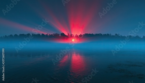 Fiery sunrise pierces misty horizon over tranquil water, creating stark reflections