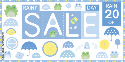 Cuadro en lienzo Rainy day sale promotional design with frogs umbrellas and floral ornaments