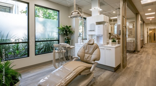 A bright, modern dental operatory with a comfortable chair and large windows