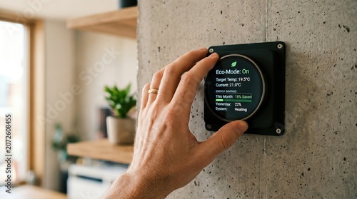 Close Up of Hand Adjusting Digital Thermostat Screen on Apartment Wall