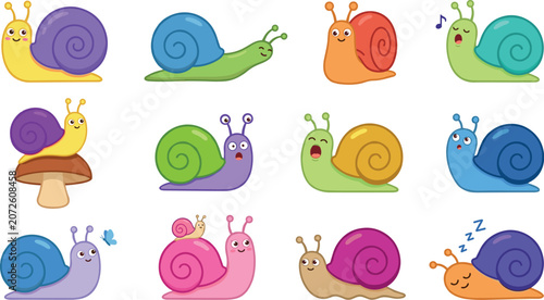 Photos Cute Snail Character Vector Icon Set Featuring Colorful Mollusks with Different