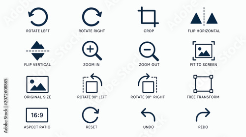 Collection of simple icons representing image editing functions like rotation, cropping, zooming,.