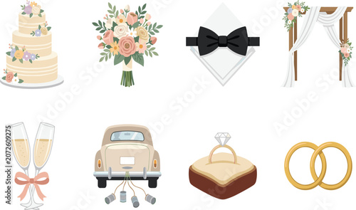 Fotografía Elegant wedding and marriage vector illustration set with floral cake, rings, bo
