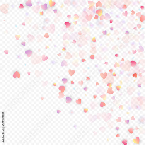 Heart love vector background. Valentine frame. Pink heart confetti. Scattered love symbols. Random falling heart shape on transparent black background. Beautiful Invitation Greeting Card Illustration.