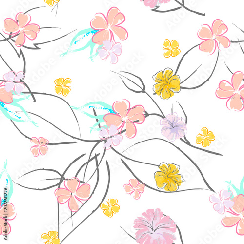 Pink Flowers Blooming Pattern. Pastel Watercolor Floral Print. Little Pink, Yellow, Lilac flower on grey leaf. Elegant brush Background. Seamless Botanical Vector Surface. Texture For Fashion Prints.