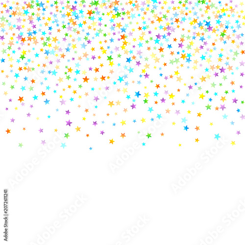 Rainbow Festive Confetti. Carnival Template. Colorful Star Falling. Beautiful Holidays Party. Little Tiny Multicolor Sprockets on White Background. Bright Vector Illustration.