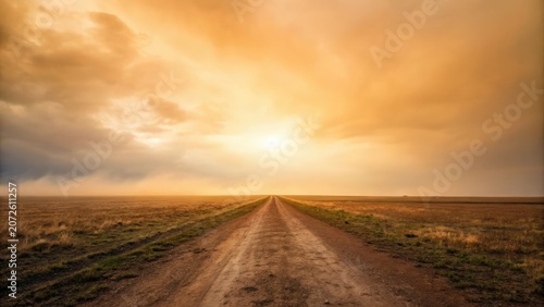 Sunset over a barren dirt road leading to the horizon in a dry field.