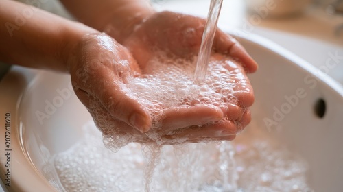 Wet, soapy hands cupped under running water in a white sink