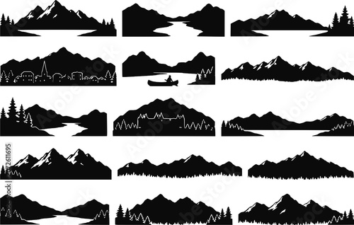 Canadian rocky mountain landscape lake river forest town hotel scenic silhouettes vector set isolated