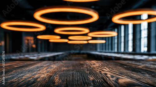 Rows of tables beneath glowing orange ring lights in a dimly lit room