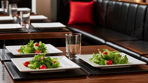 Ready-to-serve fresh green salads with cherry tomatoes on a restaurant table