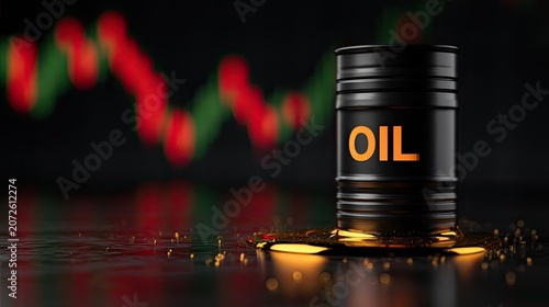 Black oil barrel on a wet surface with a blurred financial graph in background