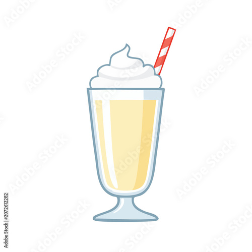 Flat illustration of a milkshake in a glass with whipped cream and