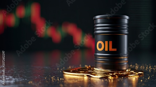 Barrel of oil, with golden liquid and red stock chart background