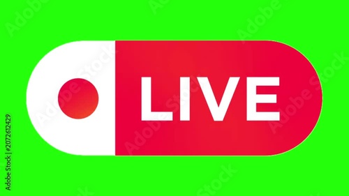 Animated blinking live stream icon with red record dot on green screen chroma key background
