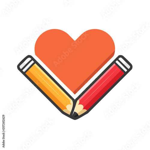 Heart formed by two pencils, flat vector illustration